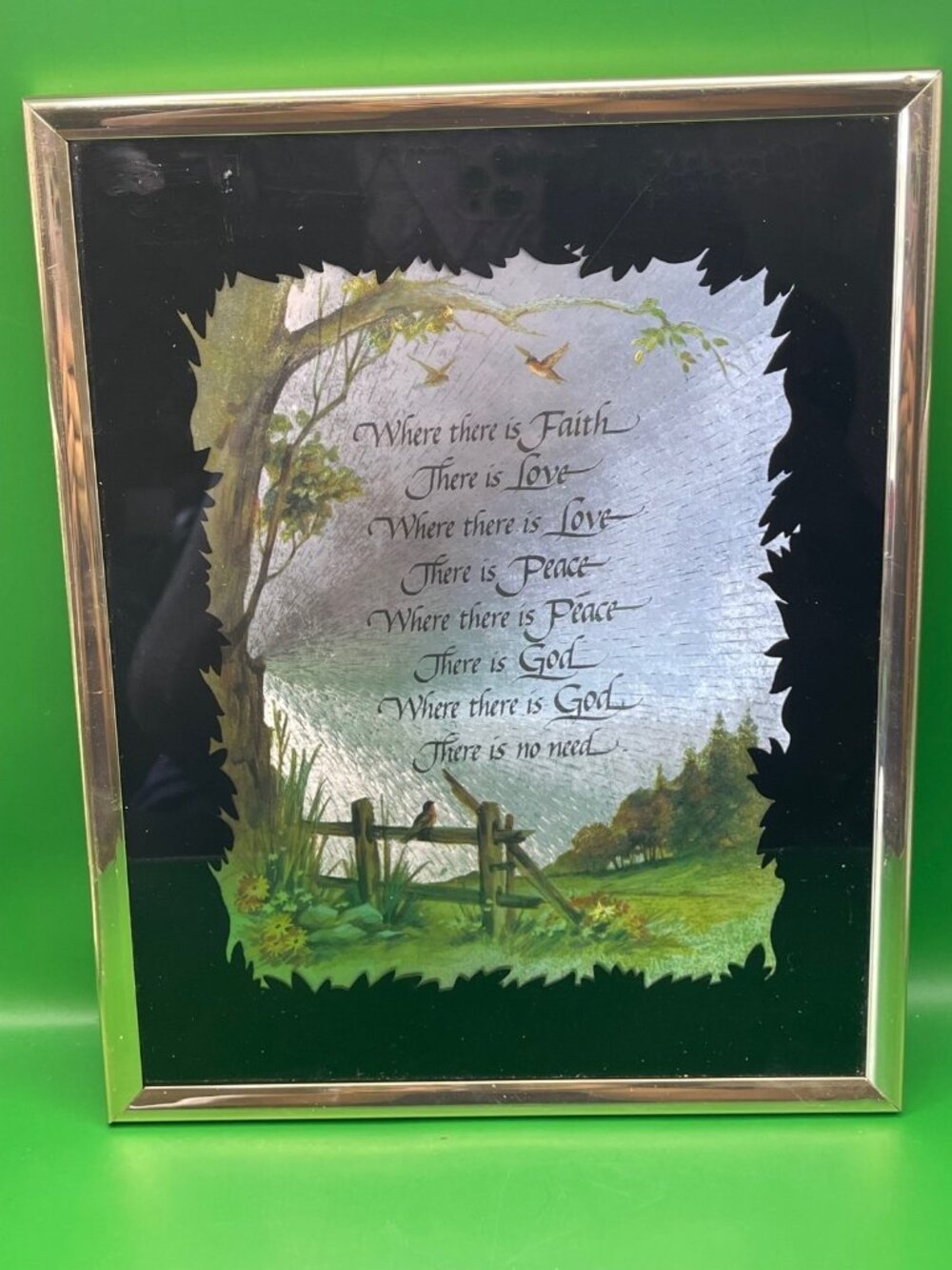 Kafka Screened Etching Metal Foil Silhouette Faith Love Inspirational Framed Art